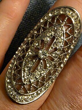 Silver Tone Rhinestone Elongated Marquise Statement Ring Size 6.5